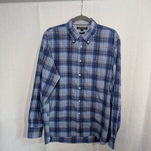 Tommy Hilfiger Men’s Blue Custom Fit Plaid Button Down Shirt Large Cotton Preppy